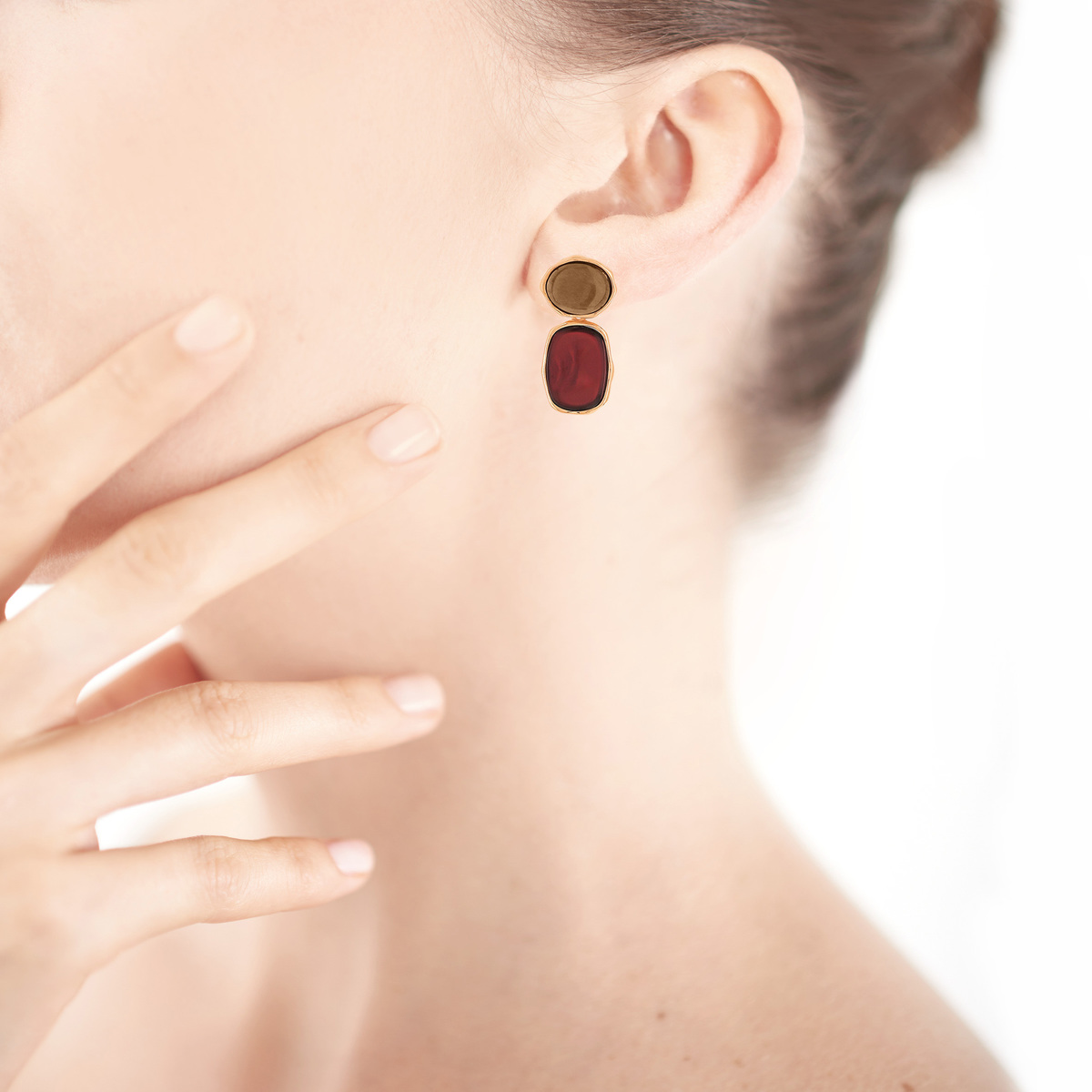 Boucles d'oreilles argent 925 rosé ambre et quartz - vue Vporté 1