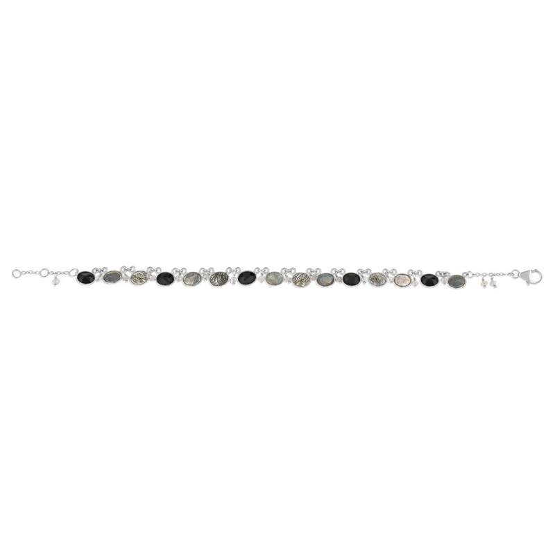 Bracelet argent 925 onyx noirs labradorites et quart gris 20 cm - vue 1