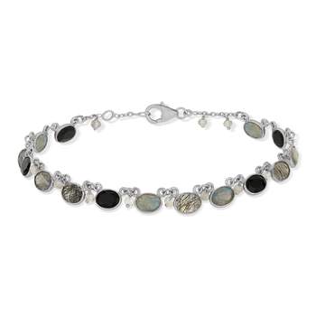 Armband van 925 zilver met zwarte onyx, labradoriet en grijze kwarts, 20 cm
