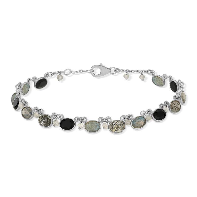 Bracelet argent 925 onyx noirs labradorites et quart gris 20 cm - vue 2