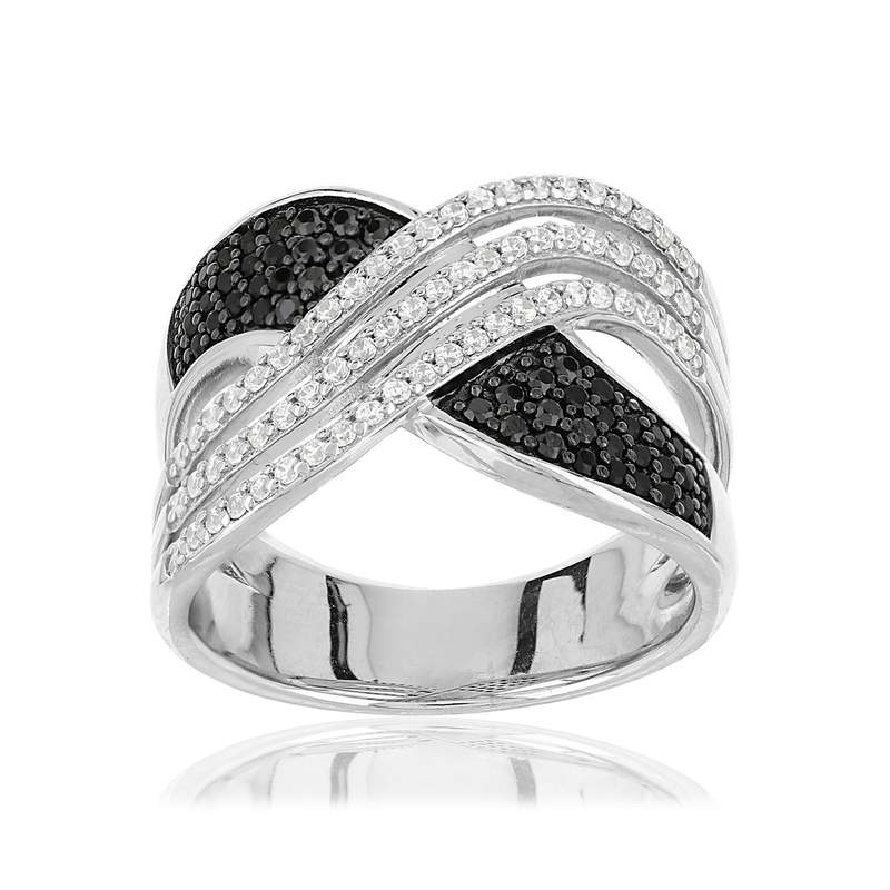 Bague argent 925 entrelacée zirconias noirs et blancs - vue 1