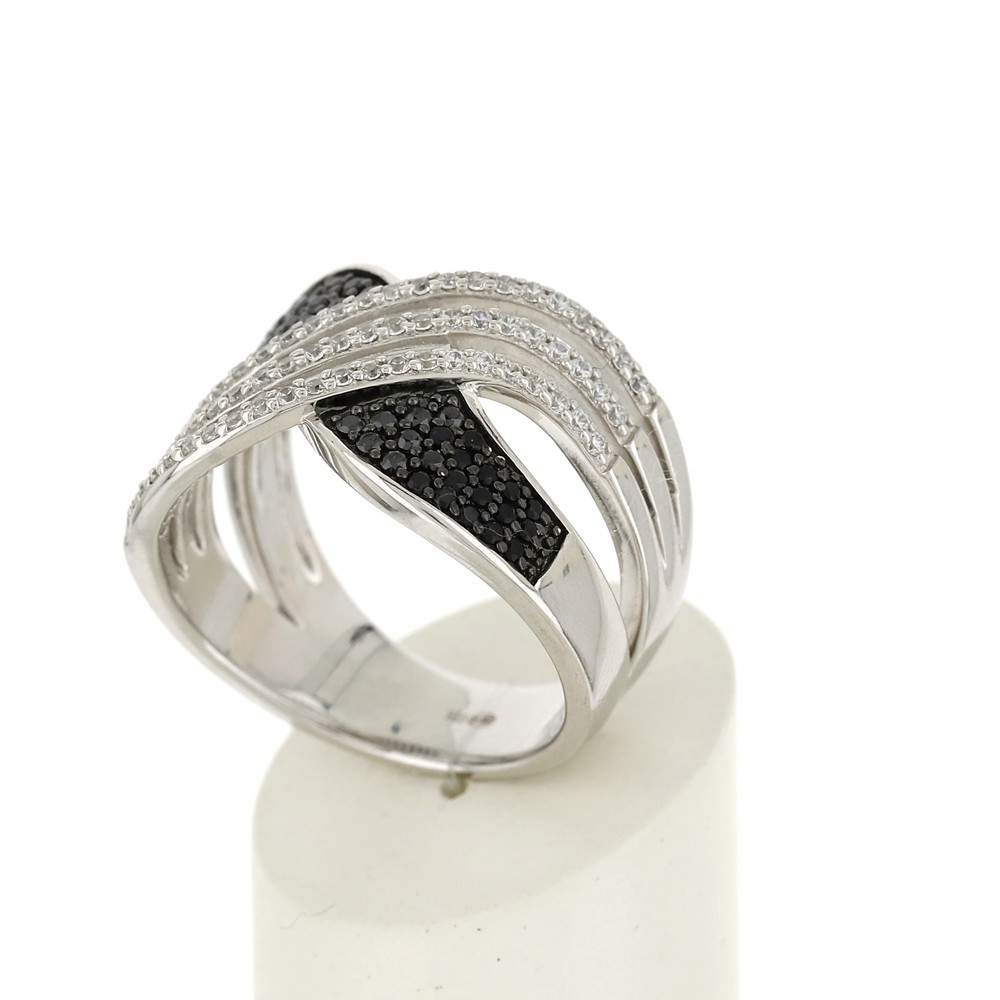 Bague argent 925 entrelacée zirconias noirs et blancs - vue 3