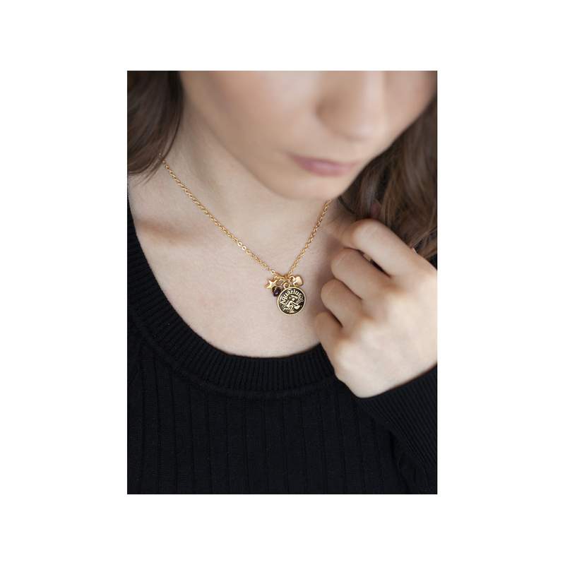 Aquarius gold brass necklace with garnet pendants 48 cm - view worn 2