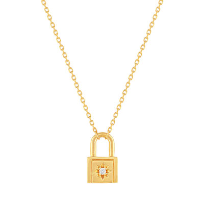 Collier plaqué or jaune, motif cadenas zirconia 45 cm