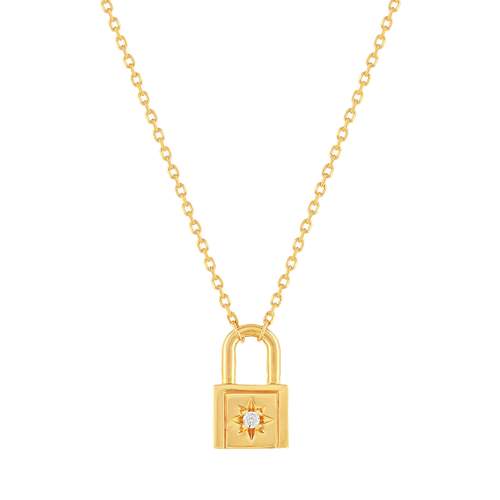 Collier plaqué or jaune, motif cadenas zirconia 45 cm