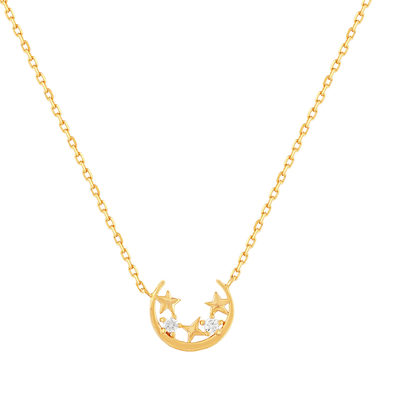 Collier plaqué or jaune, motif lune et étoiles zirconias 45 cm - vue 1
