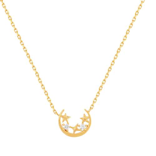 Collier plaqué or jaune, motif lune et étoiles zirconias 45 cm