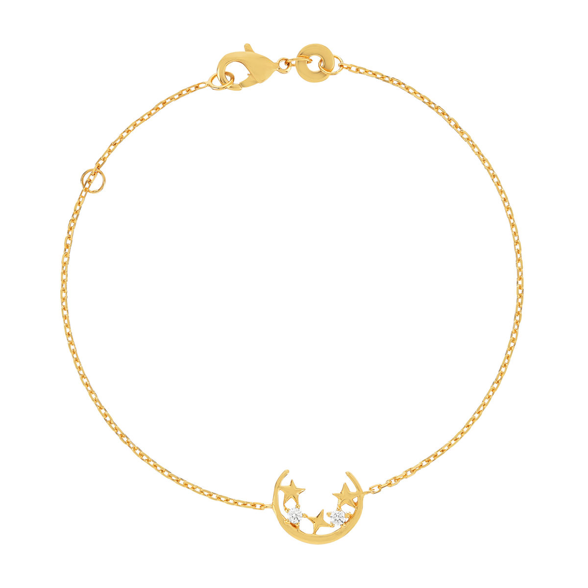 Bracelet plaqué or jaune motif lune et étoiles zirconias 18 cm