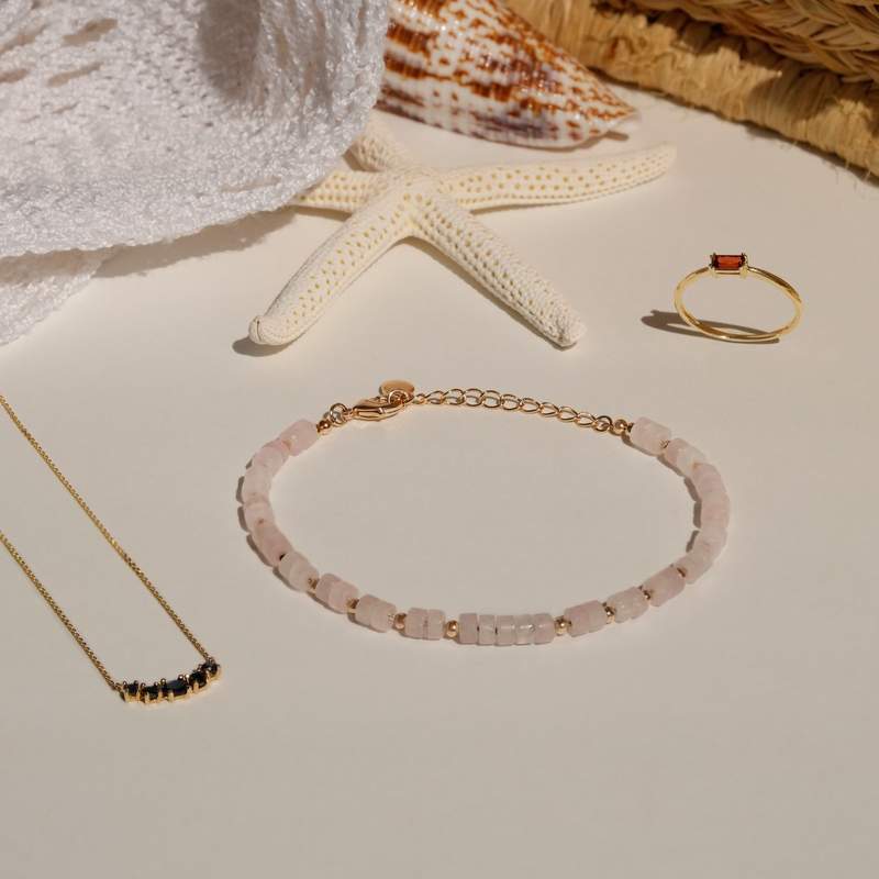 Bracelet plaqué or jaune quartz rose 19.5 cm - vue D1