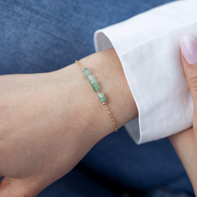 Yellow gold-plated bracelet green quartzites 16 to 18 cm - view worn 1