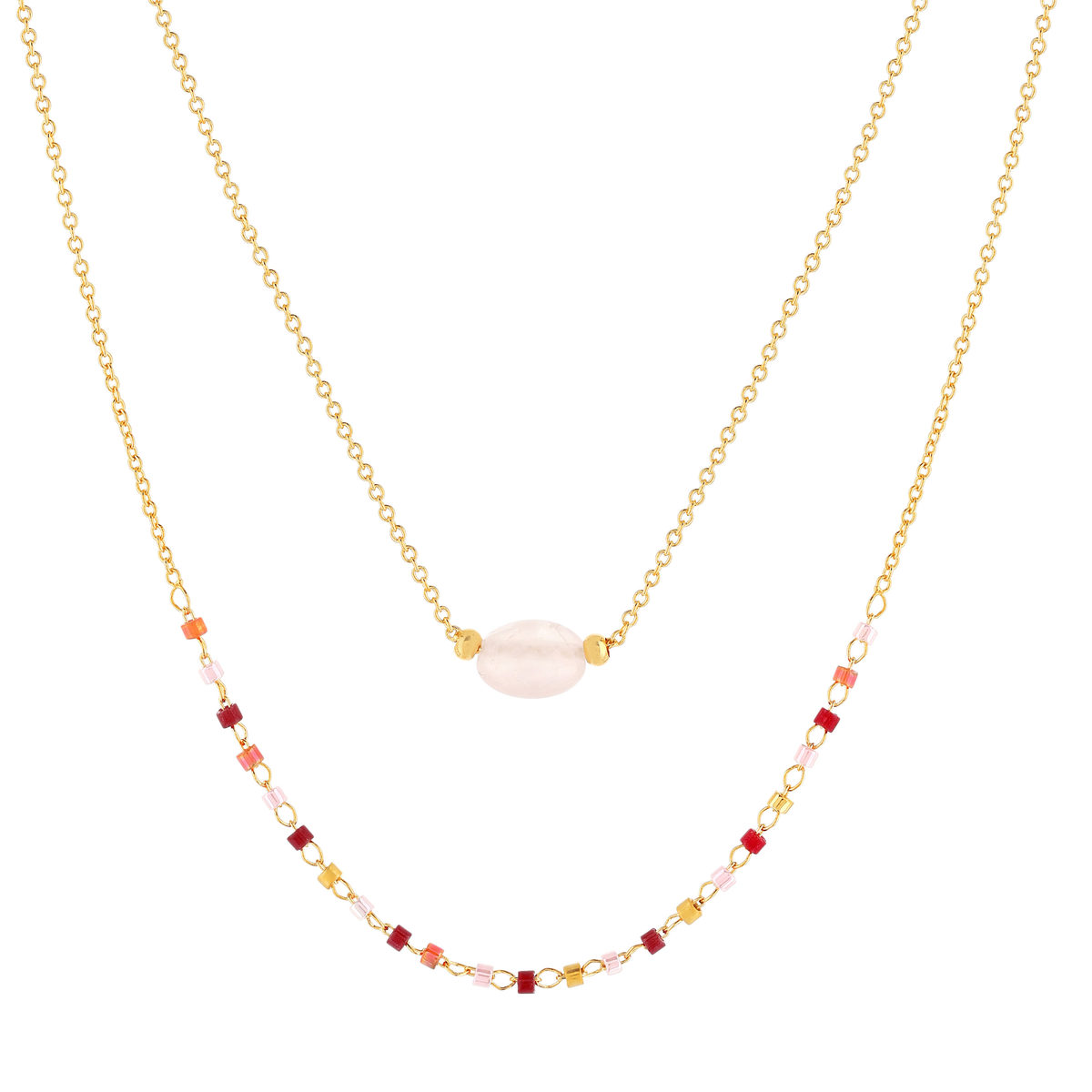 Collier double rang plaqué or jaune quartz rose perles rocaille 40 cm