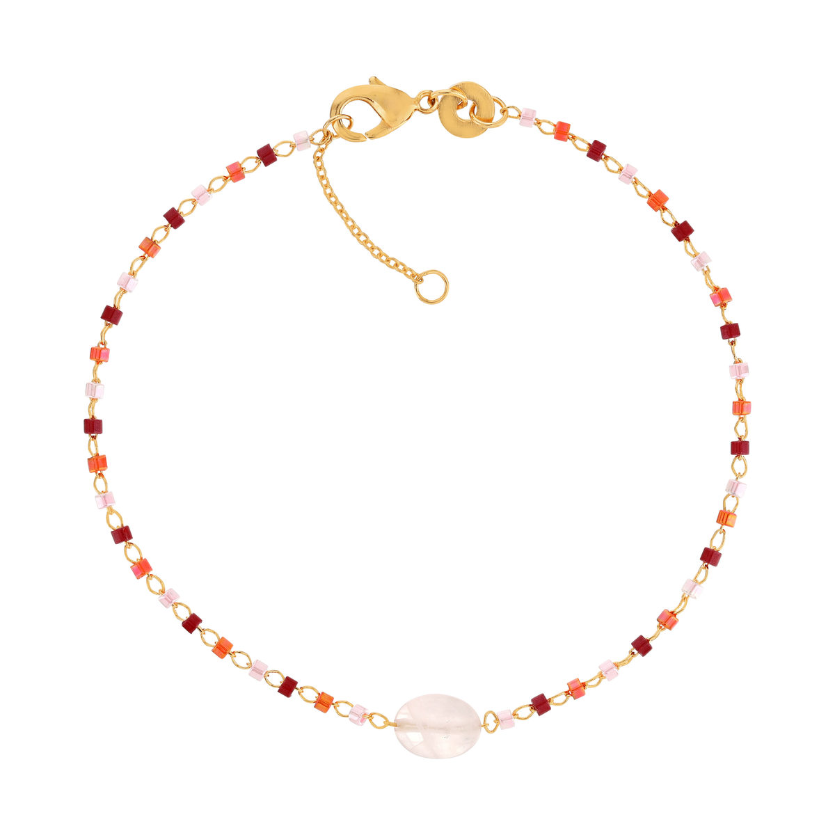Bracelet plaqué or jaune quartz rose perles rocaille 18 cm