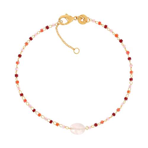 Bracelet plaqué or jaune quartz rose perles rocaille 18 cm