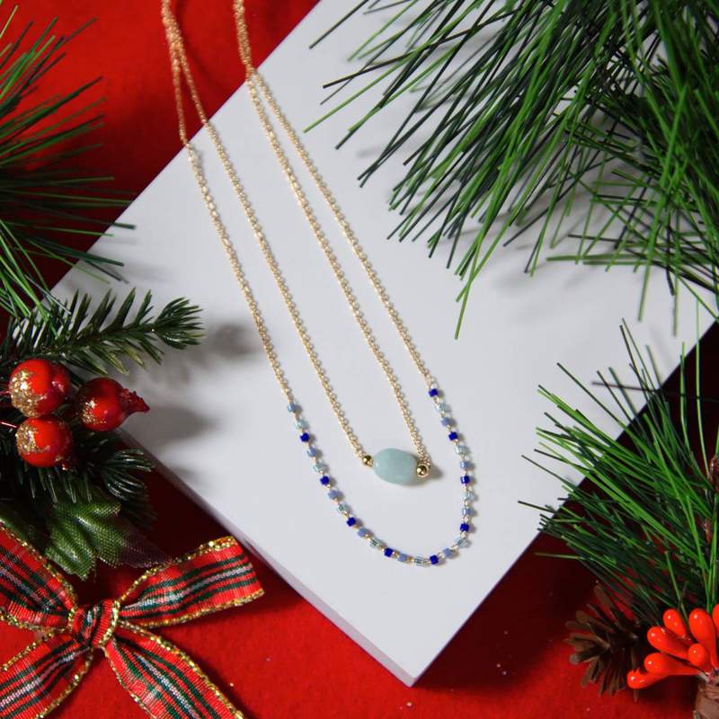 Collier plaqué or jaune amazonite perles rocaille 40 cm - vue D1