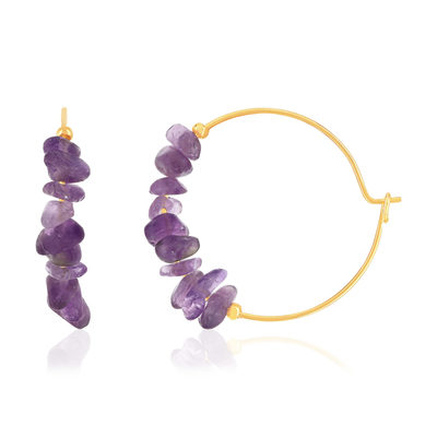 Créoles plaqué or jaune améthystes. Diamètre 25 mm - vue 1