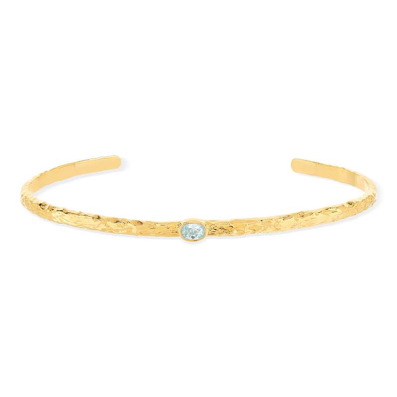 Bracelet plaqué or jaune strié pierre synthétique bleue 58 mm. - vue 1