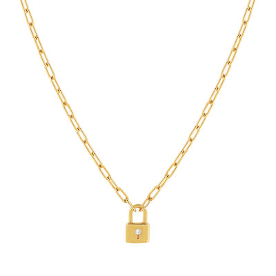Collier plaqué or jaune, motif cadenas zirconia 45 cm - vue 1