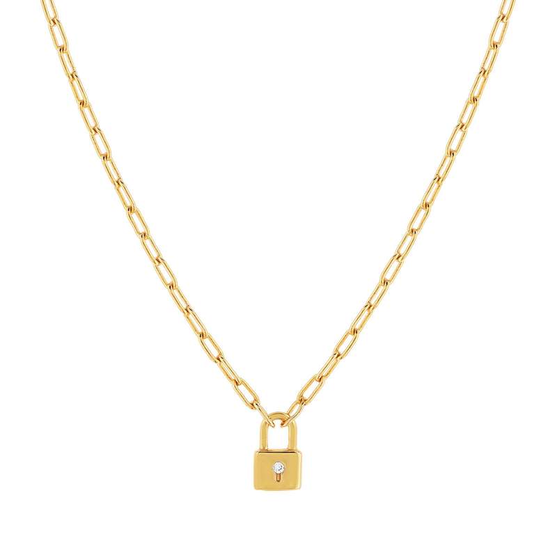 Collier plaqué or jaune, motif cadenas zirconia 45 cm - vue 1