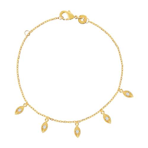 Bracelet plaqué or jaune, motif feuille zirconias 18 cm