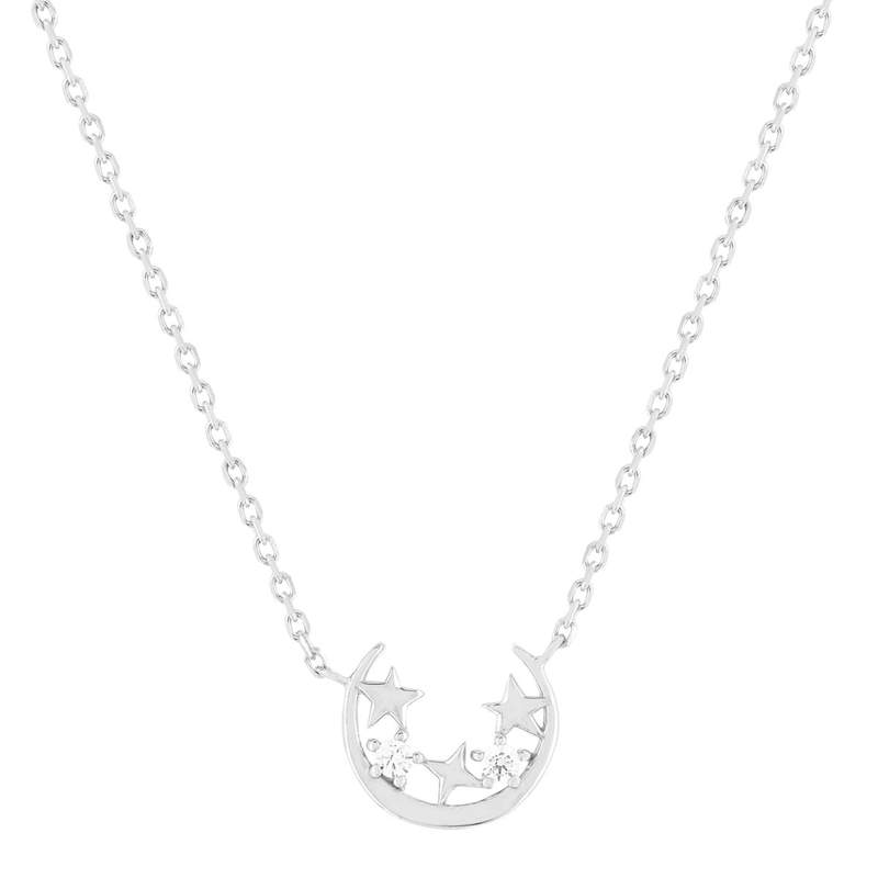 Collier argent 925 motif lune et étoiles zirconias 45cm - vue 1