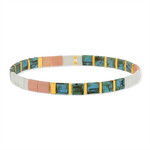 Bracelet élastique perles japonaises MIYUKI en verre émaillé ton bleu et orangé - vue porté 1