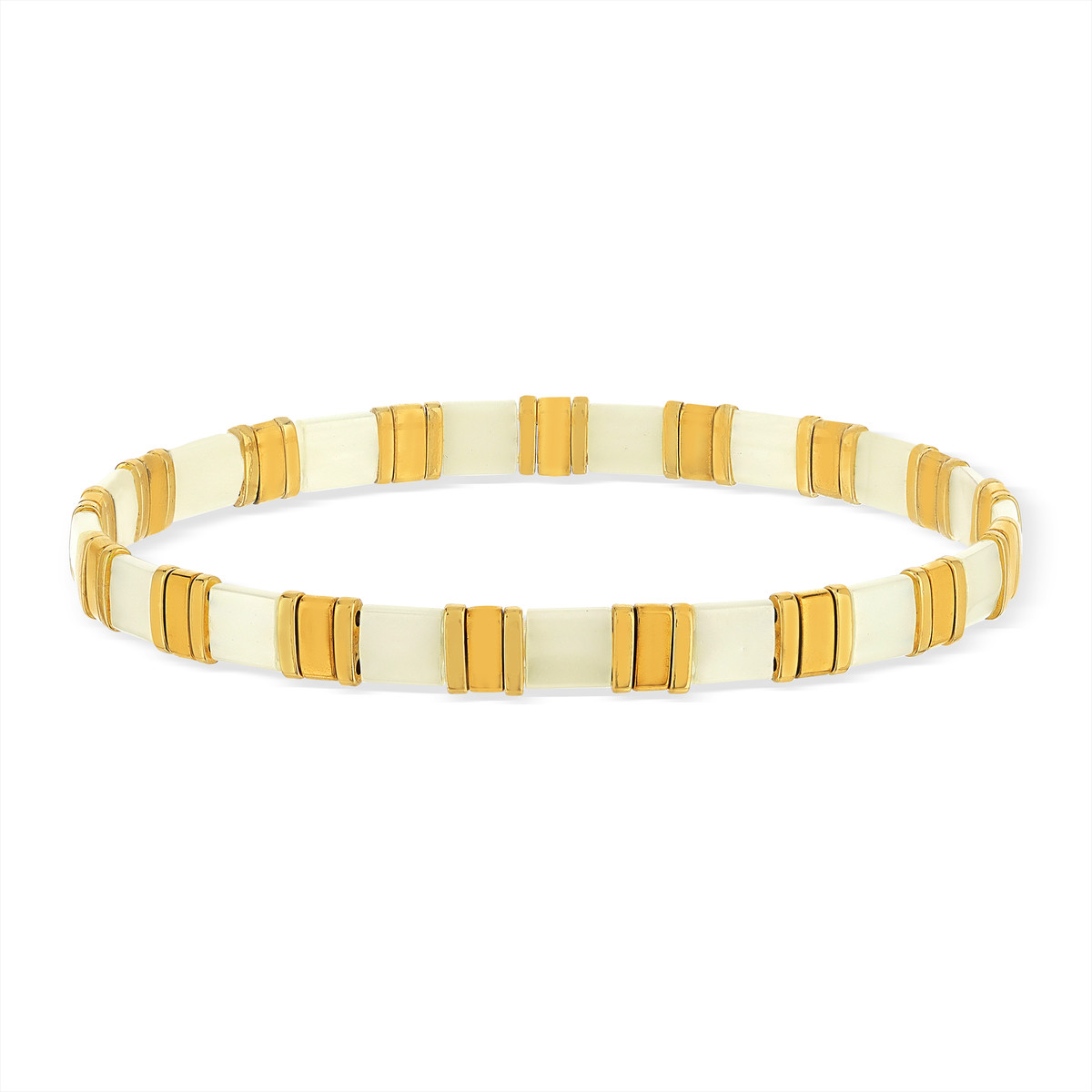 Bracelet élastique perles japonaises MIYUKI en verre émaillé ton blanc et doré - vue porté 1