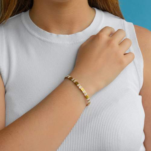 Bracelet élastique perles japonaises MIYUKI en verre émaillé ton doré blanc rose