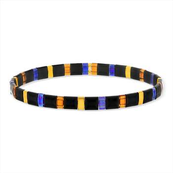 Elastische armband met Japanse MIYUKI-kralen van geëmailleerd glas in goudzwart en paars