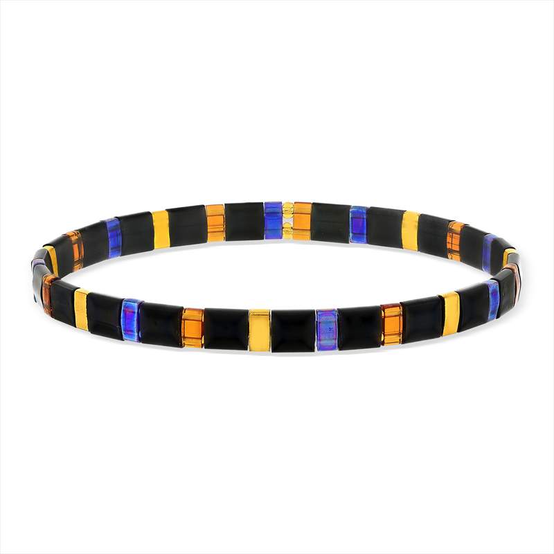 Bracelet élastique perles japonaises MIYUKI en verre émaillé ton noir doré et violet - vue porté 1