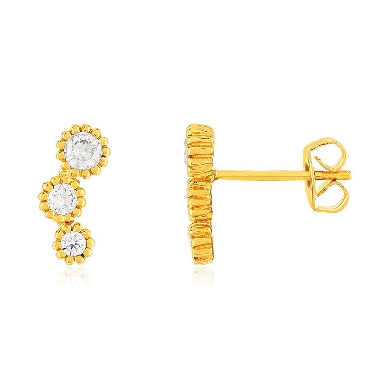 Boucles d'oreilles contours plaqué or jaune zirconias, motif rond. - vue 1
