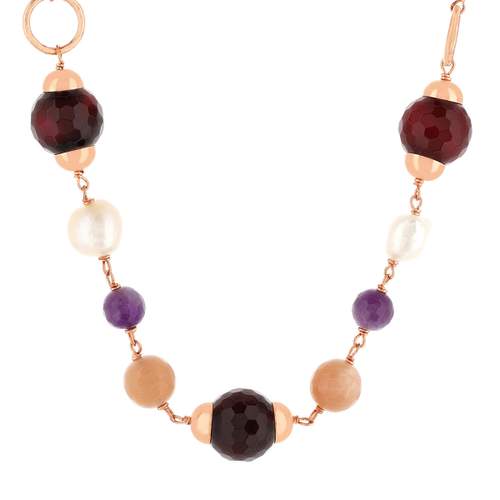 Silver necklace 925 pink amethysts agates cultured pearls China moonstone 43 to 50 cm
