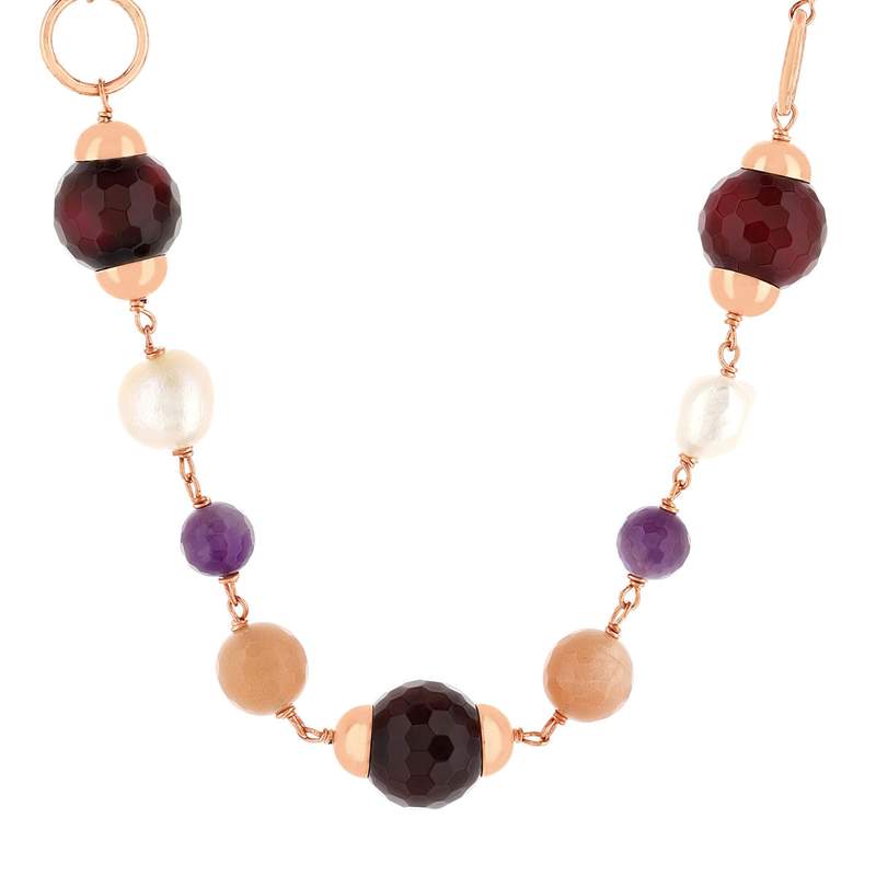 Collier argent 925 rose améthystes agates perles de culture Chine pierre de lune 43 à 50 cm - vue 1