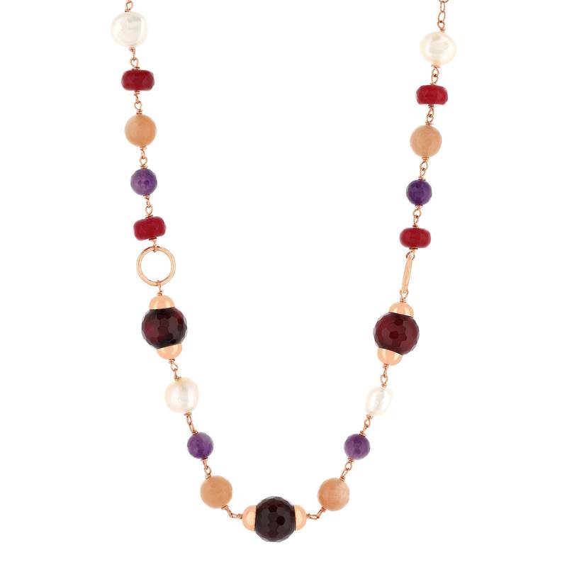 Collier argent 925 rose améthystes agates perles de culture Chine pierre de lune 43 à 50 cm - vue 2