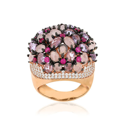Bague argent 925 rose et ruthénium noir zirconias multicolores