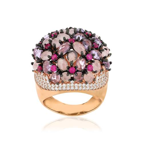 Bague argent 925 rose et ruthénium noir zirconias multicolores
