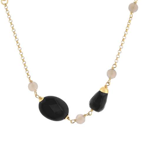 Sautoir argent 925 rose, onyx et agates grises 100 cm