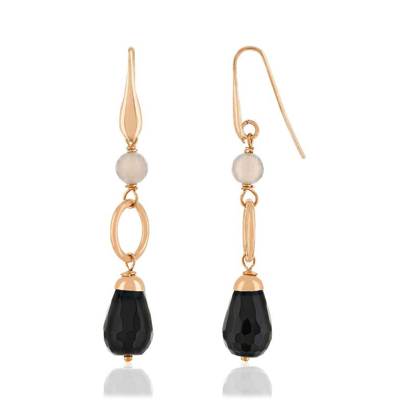 Boucles d'oreilles pendants argent 925 rose onyx et agates grises - vue 1