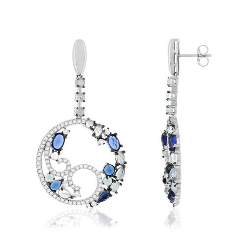 Boucles d'oreilles argent 925 et ruthénium noir, pierres imitations bleues, zirconias blancs.