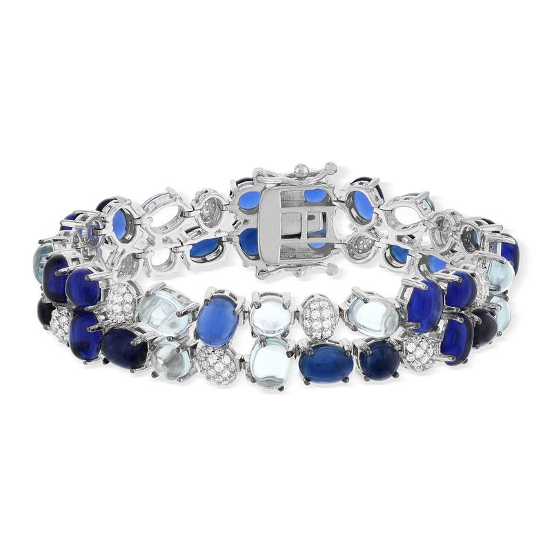Bracelet argent 925 et ruthénium noir, pierres imitations bleues zirconias blanc 19 cm - vue 1