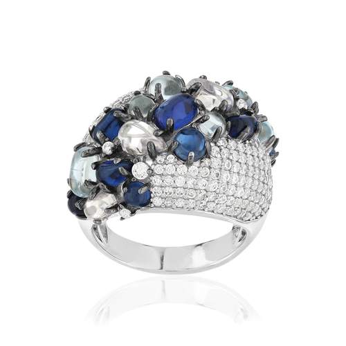 Bague argent 925 et ruthénium noir, pierres imitations bleues, zirconias.
