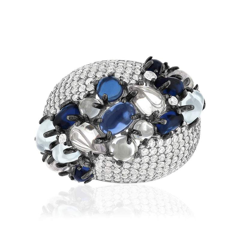 Bague argent 925 et ruthénium noir, pierres imitations bleues, zirconias. - vue 3