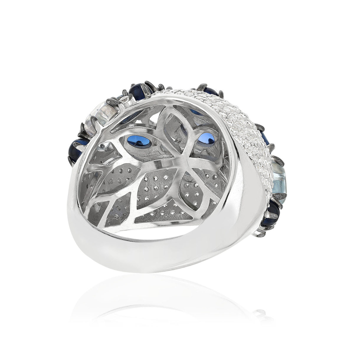 Bague argent 925 et ruthénium noir, pierres imitations bleues, zirconias. - vue 4