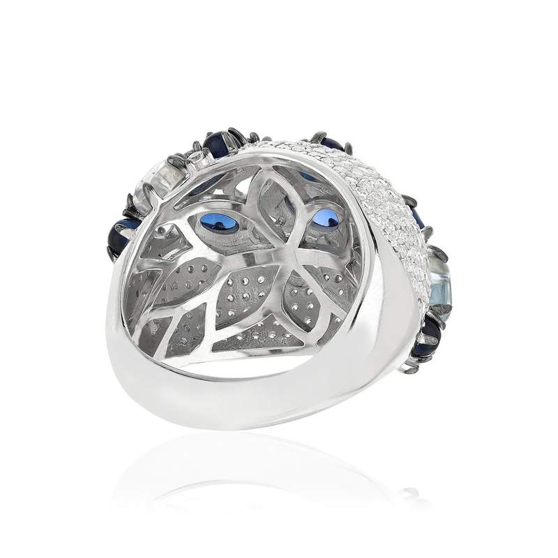 Bague argent 925 et ruthénium noir, pierres imitations bleues, zirconias. - vue 4