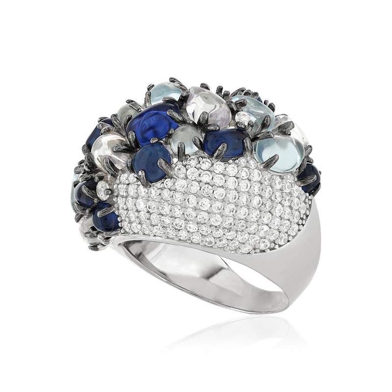 Bague argent 925 et ruthénium noir, pierres imitations bleues, zirconias. - vue D1