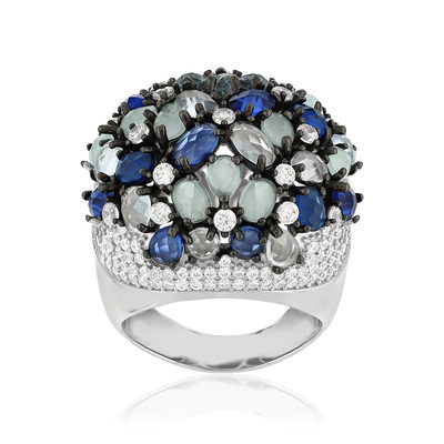Bague argent 925 et ruthénium noir, pierres imitations bleues zirconias - vue 1