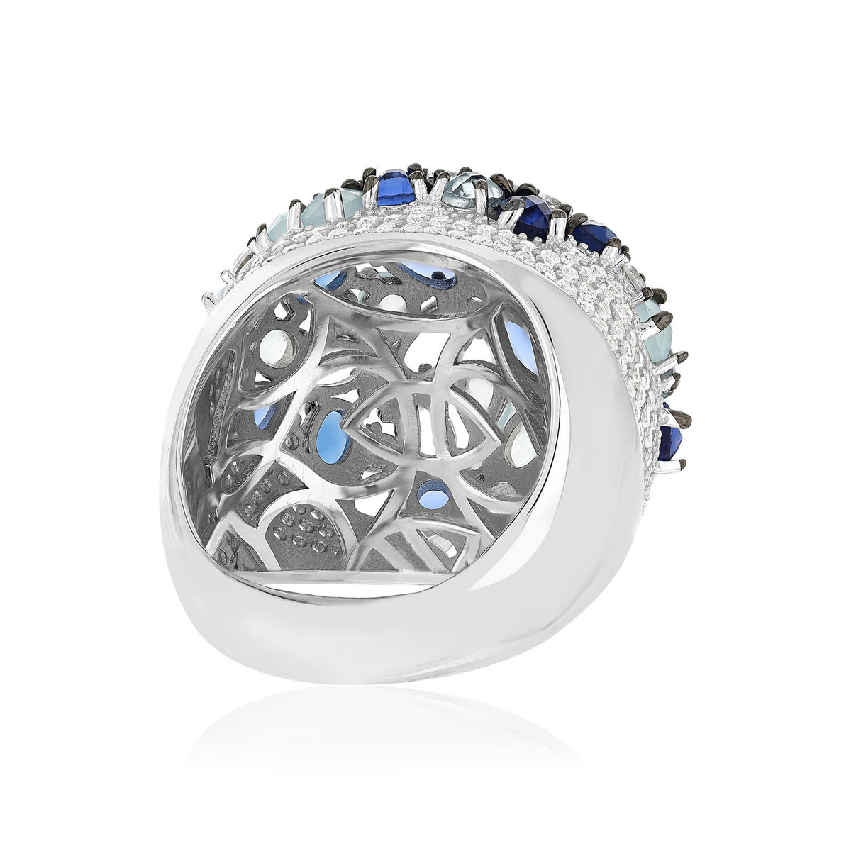 Bague argent 925 et ruthénium noir, pierres imitations bleues zirconias - vue 4