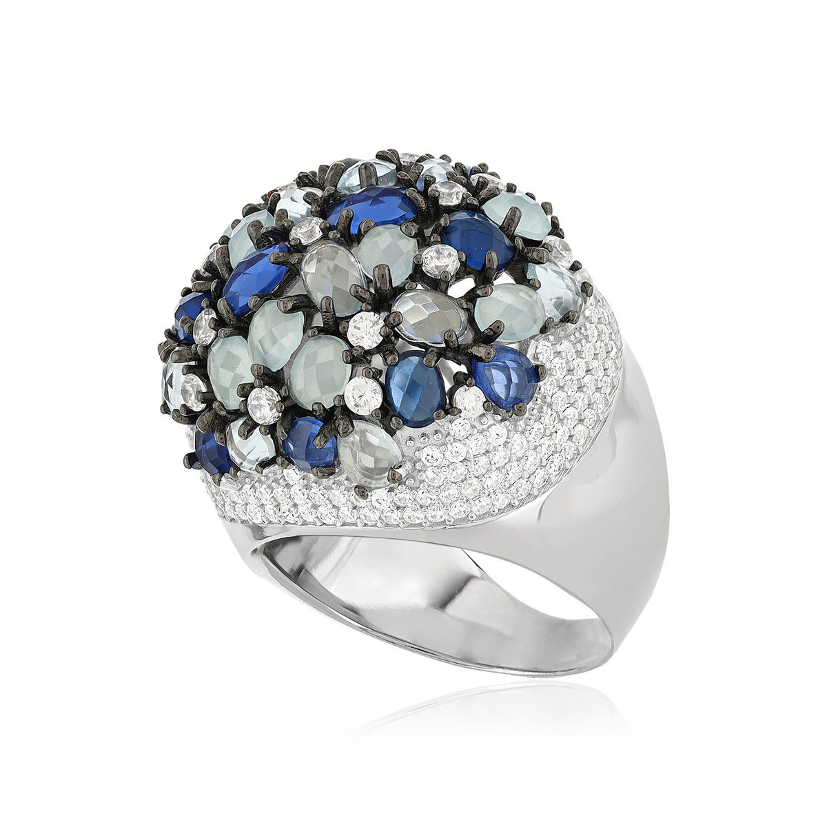 Bague argent 925 et ruthénium noir, pierres imitations bleues zirconias - vue D1