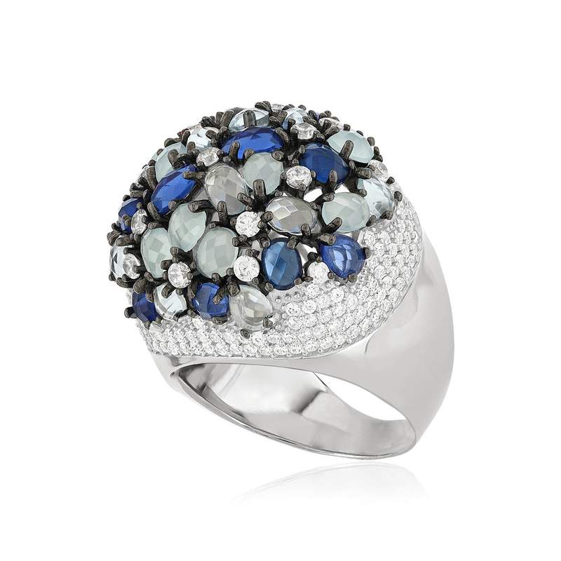 Bague argent 925 et ruthénium noir, pierres imitations bleues zirconias - vue D1