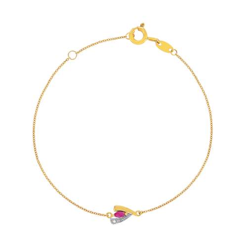 Bracelet or 375 jaune 2 tons rubis et diamant 18cm avec anneau de raccourcissement à 16cm