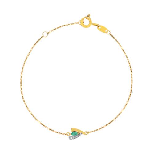 Bracelet or 375 jaune 2 tons émeraude et diamant 18cm avec anneau de raccourcissement 16cm